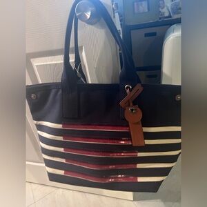 Navy and Red Striped Tote Bag